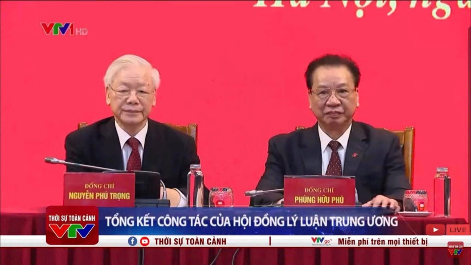 Tổng Bí thư Nguyễn Phú Trọng và ông Phùng Hữu Phú tại Hội nghị tổng kết công tác của Hội đồng Lý luận Trung ương, phát sóng trên VTV1.
