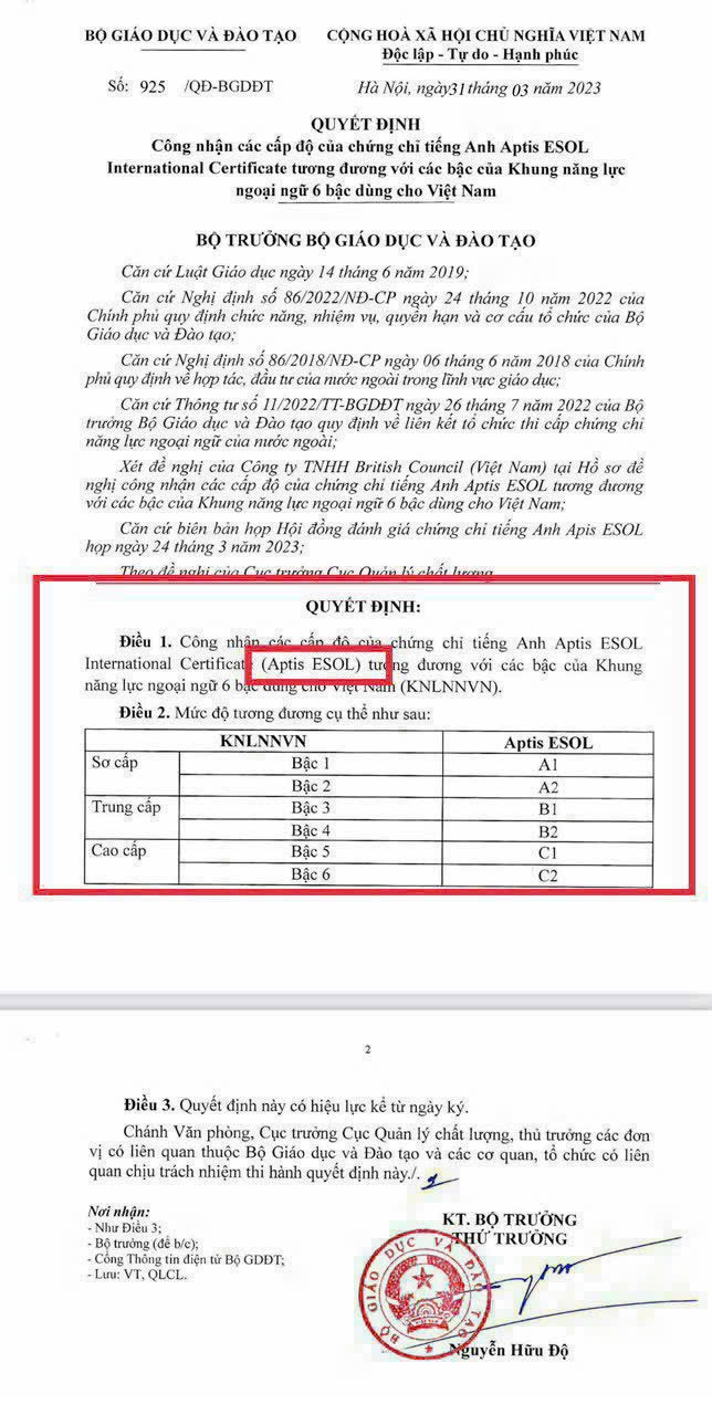 Bộ GD-ĐT công nhận tương đương Aptis ESOL và khung năng lực ngoại ngữ